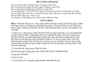 Quyết định 267/2006/QĐ-TTg thành lập Công ty mẹ-Tổng công ty Thép Việt Nam