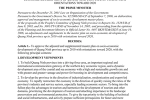 Decision No. 269/2006/QD-TTg of November 24, 2006 approving the adjusted and supplemented master plan on socio-economic development of Quang Ninh province up to 2010 with orientations toward 2020