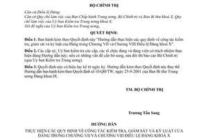 Quyết định 25-QĐ/TW hướng dẫn công tác kiểm tra, giám sát kỷ luật Đảng chương 7,8 điều lệ Đảng khóa 10
