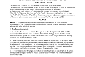 Decision No. 271/2006/QD-TTg of November 27, 2006 approving the adjusted and supplemented master plan on socio-economic development of Hai Phong city up to 2020
