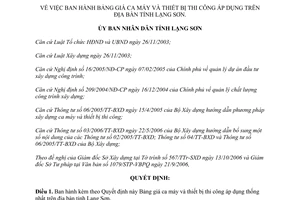 Quyết định 20/2006/QĐ-UBND Bảng giá ca máy thiết bị thi công áp dụng Lạng Sơn