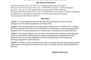 Decision No.272/2006/QD-TTg of November 28, 2006 promulgating the regulation on provision and management of government guarantees for foreign loans
