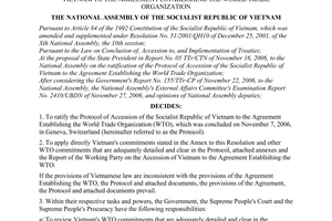 Resolution No. 71/2006/NQ-QH11 of November 29, 2006 ratifying the protocol of accession of the socialist republic of Vietnam to the agreement establishing the world trade organization