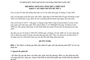 Nghị quyết 4a/2006/NQCĐ-HĐND định mức phân bổ ngân sách địa phương 2007 Huế