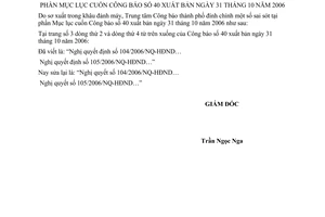 Quyết định 02/QĐĐC-CB đính chính mục lục công báo 40 ngày 31/10/2006