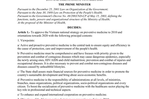 Decision No. 255/2006/QD-TTg of November 09, 2006 approving The Vietnam National Strategy on Preventive Medicine to 2010 and orientations towards 2020