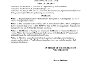 Decree of Government No.131/2006/ND-CP of November 09, 2006 promulgating the regulation on management and use of official development assistance