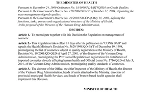 Decision No. 35/2006/QD-BYT of November 10, 2006 promulgating the regulation on management of cosmetics