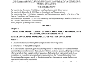 Decree of Government No. 136/2006/ND-CP of November 14, 2006 detailing and guiding the implementation of a number of articles of The Law on complaints and denunciations and The Laws amending and supplementing a number of articles of The Law on complaints and denunciations