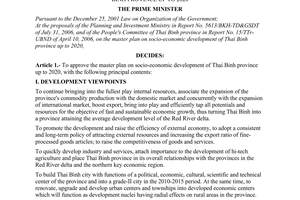 Decision No. 262/2006/QD-TTg of November 14, 2006 approving the master plan on socio-economic development of Thai Binh province up to 2020