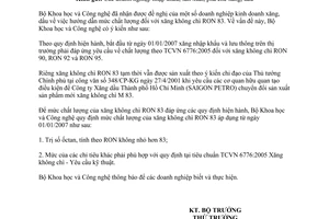 Công văn 3341/BKHCN-TĐC mức chất lượng xăng RON83