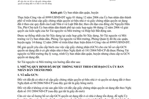 Công văn 12060/TNMT-TTDK sử dụng giấy chứng nhận của Luật Nhà ở để cấp cho các hồ sơ cấp giấy chứng nhận quyền sử dụng đất ở có nhà ở còn tồn đọng