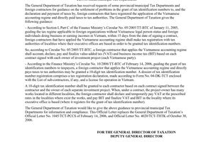 Official Dispatch No. 4926/TCT-DTNN on grant of tax identification numbers