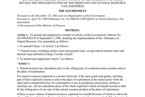 Decree of Government No. 147/2006/ND-CP of December 01, 2006 amending and supplementing a number of articles of The Government’s Decree No. 68/1998/ND-CP of September 3, 1998, which details the implementation of the ordinance on natural resource tax (AMENDED)