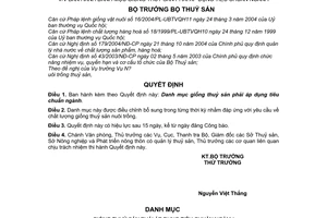 Quyết định 21/2006/QĐ-BTS Danh mục giống thuỷ sản phải áp dụng tiêu chuẩn ngành