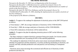 Decision No. 276/2006/QD-TTg of December 04, 2006 on selling prices of electricity