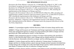 Decision No. 69/2006/QD-BTC of December 07, 2006 providing for the rates as well as the collection, remittance, management and use of aviation charges and fees