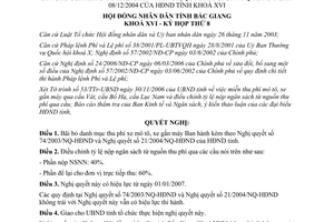 Nghị quyết 15/2006/NQ-HĐND sửa đổi Nghị quyết 74/2003/NQ-HĐND Bắc Giang