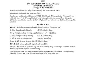 Chỉ thị 24/2006/NQ-HĐND phê chuẩn quyết toán ngân sách nhà nước An Giang năm 2005