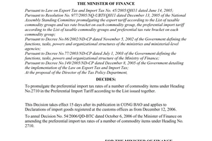 Decision No.70/2006/QD-BTC of December 11, 2006 on promulgating import tax rates of a number of commodity items under heading no. 2710 in the preferential import tariff