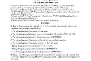 Decision No. 45/2006/QD-BCN of December 14, 2006 on the wholesale prices of electricity for rural areas, dormitories and population quarters