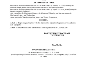Decision No. 36/2006/QD-BTM of the Ministry of Trade, promulgating the operation regulation of bonded zones in hi- tech parks