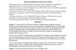 Decision No. 58/2006/QD-NHNN of December 15, 2006, on the issuance of fee level for the custody of valuable papers at the State Bank