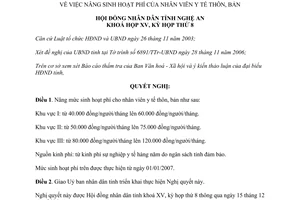 Nghị quyết 171/2006/NQ-HĐND nâng sinh hoạt phí nhân viên y tế thôn bản Nghệ An