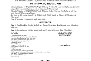 Quyết định 36/2006/QĐ-BTM Quy chế hoạt động Khu bảo thuế Khu công nghệ cao