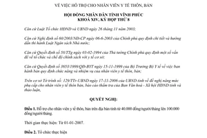 Nghị quyết 28/2006/NQ-HĐND hỗ trợ nhân viên y tế thôn bản Vĩnh Phúc