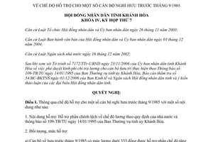 Nghị quyết 43/2006/NQ-HĐND chế độ hỗ trợ cán bộ nghỉ hưu trước 9/1985 Khánh Hòa