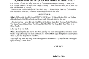 Nghị quyết 03/2006/NQ-HĐND phân loại đơn vị hành chính xã, thị trấn thuộc huyện Hóc Môn