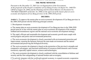 Decision No. 282/2006/QD-TTg of December 20, 2006, approving the master plan on socio-economic development of Cao Bang province in the 2006-2020 period.