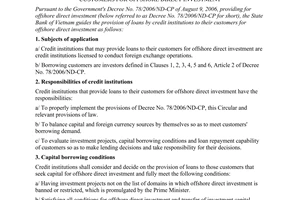 Circular No. 10/2006/TT-NHNN of guiding the provision of loans by credit institutions to their customers for offshore direct investment.