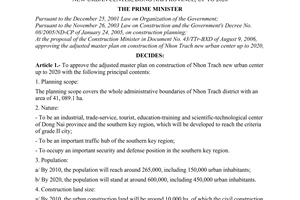 Decision No. 284/2006/QD-TTg of December 21, 2006 approving the adjusted master plan on construction of Nhon Trach new urban center, Dong Nai province, up to 2020