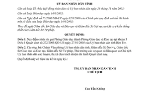 Quyết định 2539/2006/QĐ-UBND điều chỉnh tên gọi Phòng Giáo dục thành Phòng Giáo dục Đào tạo Bến Tre