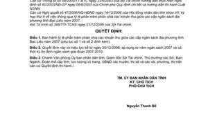 Quyết định 37/2006/QĐ-UBND tỷ lệ phần trăm phân chia các khoản thu giữa các cấp ngân sách địa phương tỉnh Bạc Liêu năm 2007