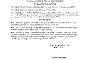 Quyết đinh 268/2006/QĐ-UBND phân chia tỷ lệ điều tiết khoản thu ngân sách Nhà nước Bình Dương 2007