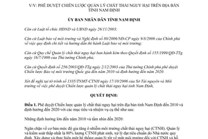 Quyết định 3166/2006/QĐ-UBND phê duyệt Chiến lược quản lý chất thải nguy hại tỉnh Nam Định