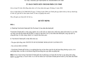Quyết định 2827/QĐ-UBND năm 2006 thành lập Viện Kinh tế thành phố Cần Thơ