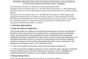 Circular No. 12/2006/TT-BTNMT of December 26, 2006 guiding the practice conditions, procedures for compilation of dossiers, registration and licensing of practice and hazardous waste management identification numbers