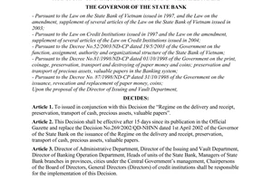 Decision No. 60/2006/QD-NHNN of December 27, 2006, 
on the issuance of the regime on delivery and receipt, preservation, transport  of cash, precious assets and valuable papers