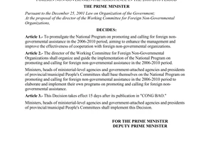 Decision No. 286/2006/QD-TTg of the Prime Minister of Government, promulgating the national program on promoting and calling for foreign non-governmental assistance in the 2006-2010 period