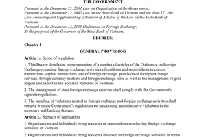 Decree of Government No. 160/2006/ND-CP of December 28, 2006 detailing the implementation of the ordinance on foreign exchange