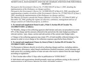 Circular No. 115/2006/TT-BTC of the Ministry of Finance, 
amending and supplementing the Finance Ministry’s Circular No. 132/2004/TT-BTC of December 30, 2004, guiding the regime of collection, remittance, management and use of charges and fees for industrial property
