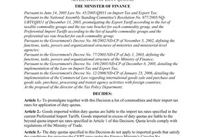 Decision No. 77/2006/QD-BTC of the Ministry of Finance, promulgating the list of commodities and their import tax rates for application of duty quotas
