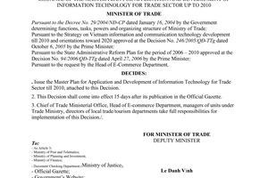 Decision No.40/2006/QD-BTM of the Ministry of Trade, issuing the master plan for application and development of information technology for trade sector up to 2010