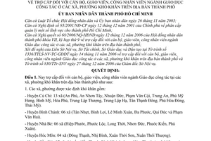 Quyết định 189/2006/QĐ-UBND trợ cấp cán bộ, giáo viên, công nhân viên ngành giáo dục công tác xã, phường khó khăn TP.Hồ Chí Minh