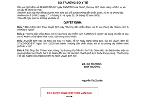Quyết định 44/2006/QĐ-BYT hướng dẫn chẩn đoán, xử trí và phòng lây nhiễm cúm A H5N1 ở người