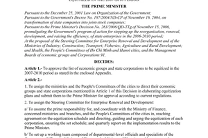 Decision No. 1729/QD-TTg of December 29, 2006 approving the list of economic groups and State Corporations to be Equitized in the 2007-2010 period